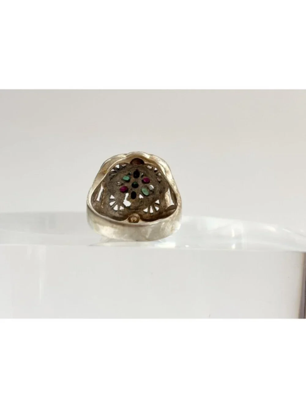 Art Deco Marcasite, Emerald, Garnet Sterling Silver 925 Vintage Ring - sz 9.75